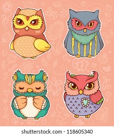 Set of four cute hand drawn owls.