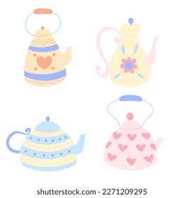 set of four cute handdrawn teapots, pastel colors