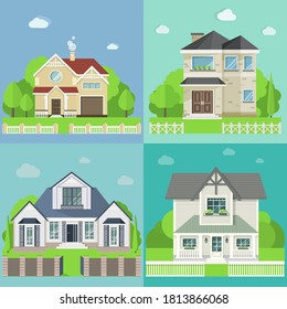 set of four cute houses with trees. Vector flat illustrations