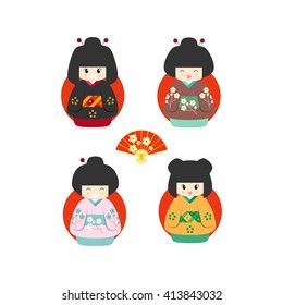 Set of four cute japanese kokeshi dolls icon