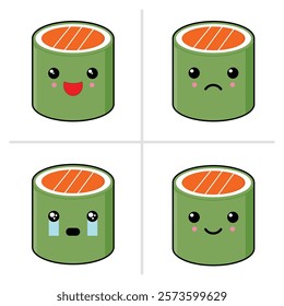 A set of four cute kawaii sushi rolls expressing different emotions