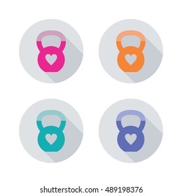 Set of four cute kettlebell icons with a heart shape inside, made in flat style. Pink, orange, teal green, purple colors. Stock vector illustration.