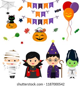 Set of four cute kids in costumes for Halloween, elements, objects and icons for your design in cartoon style, isolated on white background. Vector, flat style.