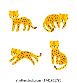 Juego de cuatro lindos leopardos. Bonito carácter animal para diversos estampados y diseños. Ilustración vectorial en estilo plano