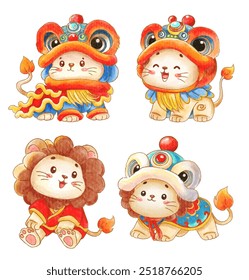 Set of four cute lions in traditional Chinese lion dance costumes, hand-painted watercolor style, isolated on white background. Perfect for festive and cultural projects.