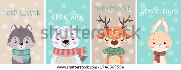 Set of four cute\
little cartoon arctic animals wearing scarves with inspirational\
text messages above in a poster or card design, colored cartoon\
vector illustration