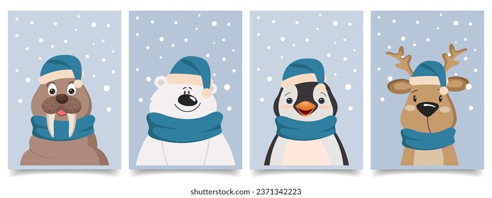 Set of four cute little kawaii cartoon arctic animals wearing scarves and hats in the snow. Polar bear, fawn, walrus, penguin. Posters or postcard designs. Vector