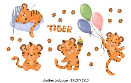 Set of four cute little tiger cubs