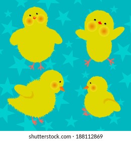 A set of four cute little yellow chickens on blue background