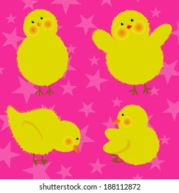 A set of four cute little yellow chickens on pink background