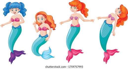 Set of four cute mermaid cartoon style isolated on white background illustration