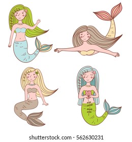 Set Of Four Cute Mermaids. Vector Illustration.