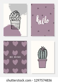 A set of four cute and modern greeting card designs with cactus and succulent potted plants in pastel purple, green, gray and white. Hand drawn vector illustrations, brush strokes and heart patterns.