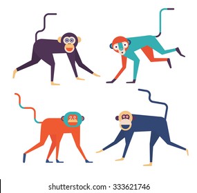 Set of four cute Monkeys. 2016 New Year Symbol. 