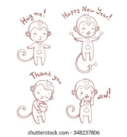 Set of four cute monkeys emotions. Cartoon illustration in vector.