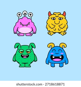 Conjunto de cuatro personajes monstruos lindos con diferentes colores y expresiones en un divertido estilo de dibujos animados. ideal para la marca, diseño de niños, conceptos de mascotas, pegatinas y proyectos creativos juguetones