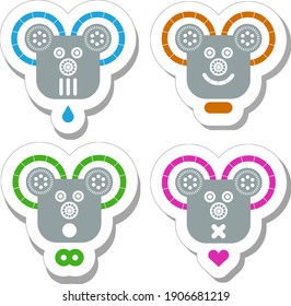 A set of four cute monster head stickers with different emotions. Funny cartoon characters or robot avatars in colorful flat vector design. Isolated collection for graphic design.