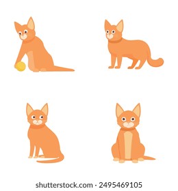 Set of four cute orange cartoon cats depicted in playful and sitting positions