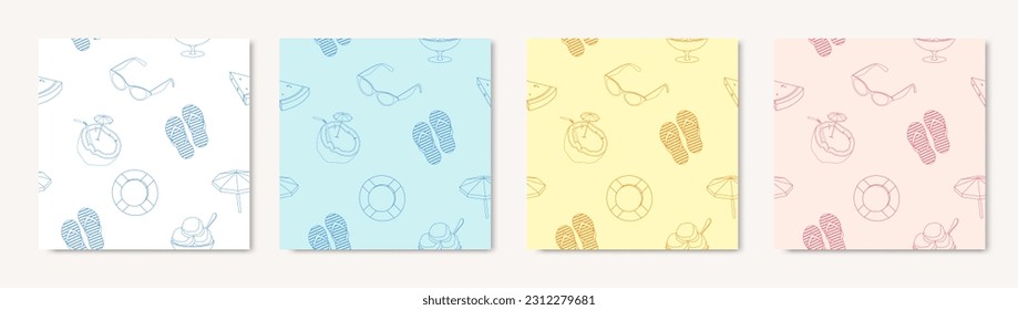 Set of four cute outline square seamless patterns in simple summer beach elements concept isolated on plain background. Good for decoration, wrapping paper, packaging, greeting card and backdrop.