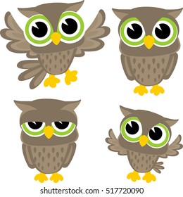 set of four cute owls isolated on white background