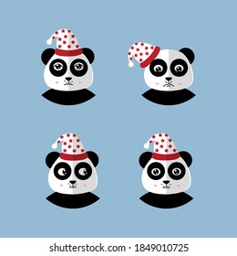 Set of Four Cute Panda With a Christmas Hat Icon Vector Flat Background