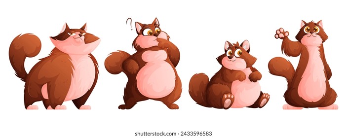 A set of four cute plump brown cats. Funny well-fed cat posing.