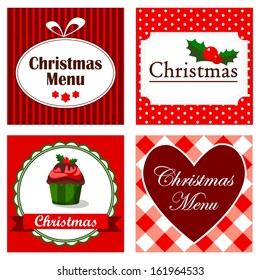Set of four cute retro christmas invitation cards, dinner menu for restaurant, vector illustration