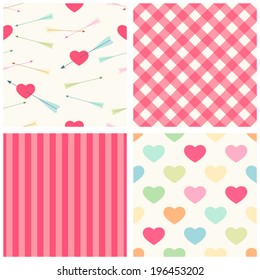 Set of four cute retro seamless patterns with hearts, gingham and stripes 