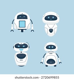 Set von vier niedlichen Robotern. AI Chat Bot, moderne Technologie, Sammlung von mobilen Assistenten oder Home Helfer, zukünftige Innovation. flache Vektorgrafik