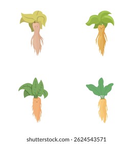 Set of four cute root vegetable cartoon characters with smiling faces and leafy tops