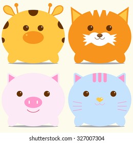 Set of four cute round animals - giraffe, fox, pig and cat. Vector illustration. For menu, cards, invitations, wedding or baby shower albums, backgrounds, wallpapers, arts and scrapbooks.