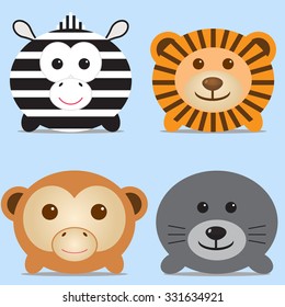 Set of four cute round animals - zebra, lion, monkey and navy seal. Vector illustration. For menu, cards, invitations, wedding or baby shower albums, backgrounds, wallpapers, arts and scrapbooks.