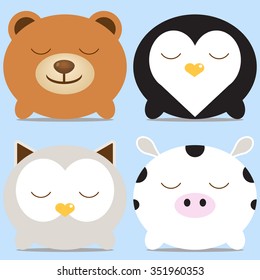 Set of four cute round animals - bear, penguin, owl and cow. Vector illustration. For menu, cards, invitations, wedding or baby shower albums, backgrounds, wallpapers, arts and scrapbooks.