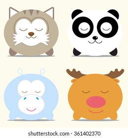 Set of four cute round animals - raccoon, panda, hippo and deer. Vector illustration. For menu, cards, invitations, wedding or baby shower albums, backgrounds, wallpapers, arts and scrapbooks.