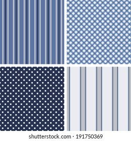 Set of four cute seamless backgrounds. Stripped and polka dot. Ideal for printing onto fabric and paper or scrap booking. Cottage shabby chic style.