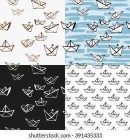 Set of four cute seamless linear patterns with paper planes and ships . Hand drawn  creative backgrounds.