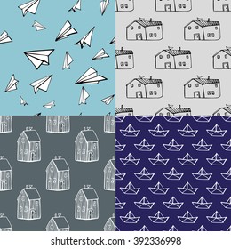 Set of four cute seamless linear patterns with paper planes, ships and houses. Hand drawn  creative backgrounds.