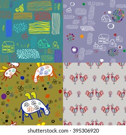 Set of four cute seamless linear patterns with cows , birds  and houses. Hand drawn  creative backgrounds.,