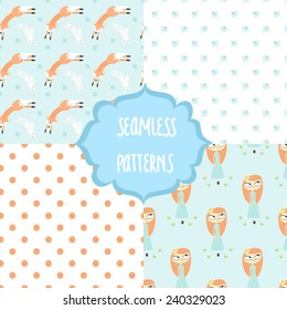 Set of four cute seamless patterns. Fairy princess, fox and rabbit, circles and abstract cotton, made in one color.