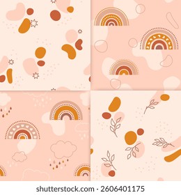 A set of four cute seamless patterns. The repeated images contains colored spots, rainbows, twigs, cute clouds with colored raindrops. Also stars, dots and lines of different shapes.