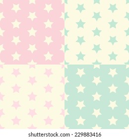 Set of four cute seamless primitive retro patterns with stars in pastel colors ideal for baby shower
