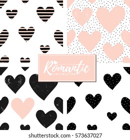 A set of four cute seamless repeating patterns with hearts in black and pastel pink on white background. Modern and stylish romantic design poster, wrapping paper, Valentine card design.