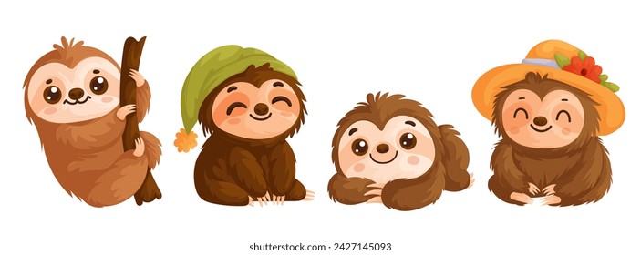 Set of four cute sloths. Brown and brown happy and cheerful sloth in different poses.