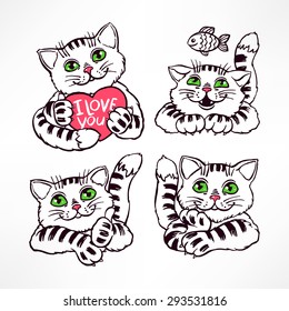 set of four cute smiling cats. hand-drawn illustration