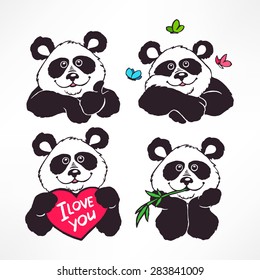 set of four cute smiling pandas. hand-drawn illustration