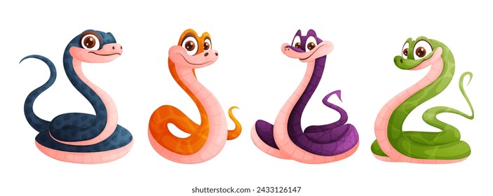 A set of four cute snakes in green, yellow, blue and purple. Funny snake posing. Symbol of the year.