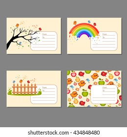 Set or four cute summer cards with birds, apples, branch, rainbow and fence. Cartoon vector illustration