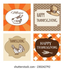 Set of four cute Thanksgiving cards, invitations. Vector illustrations. Autumn, fall ornamental frames.