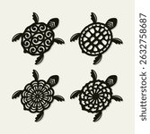 Set of four cute turtles. Brown reptiles with a decorative pattern on the shell. Template for plotter laser cutting of paper, fretwork, wood carving, metal engraving, cnc. Vector illustration.