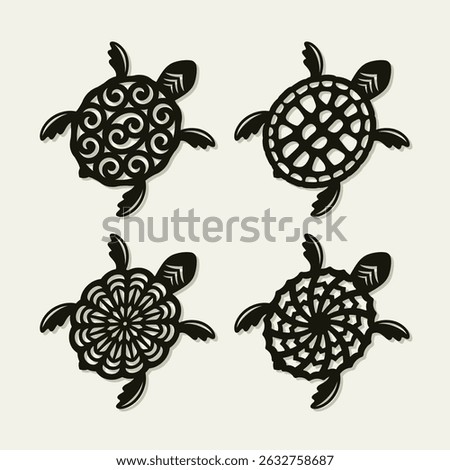 Set of four cute turtles. Brown reptiles with a decorative pattern on the shell. Template for plotter laser cutting of paper, fretwork, wood carving, metal engraving, cnc. Vector illustration.